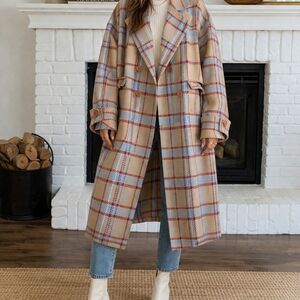 Walk In Dark Plaid COTTON Blend Long Oversized Coat Double Breasted Size M